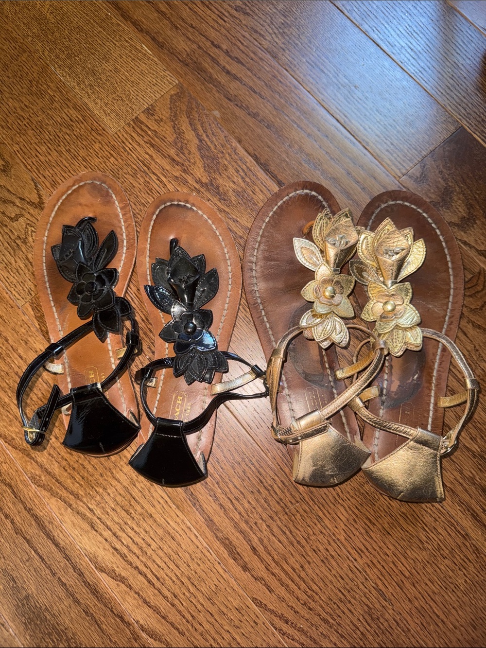 Coach Vintage Floral Embellished T-Strap Sandals - Black and Gold size 7